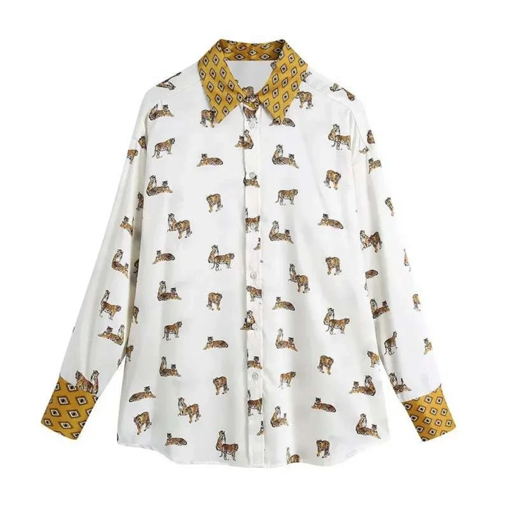 Zara tiger blouse contrast collar button up XS boxy oversize fit loose funky fun - Picture 8 of 8